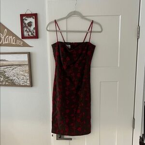 Saks Fifth Avenue Black Mini Dress with Red Floral Accents